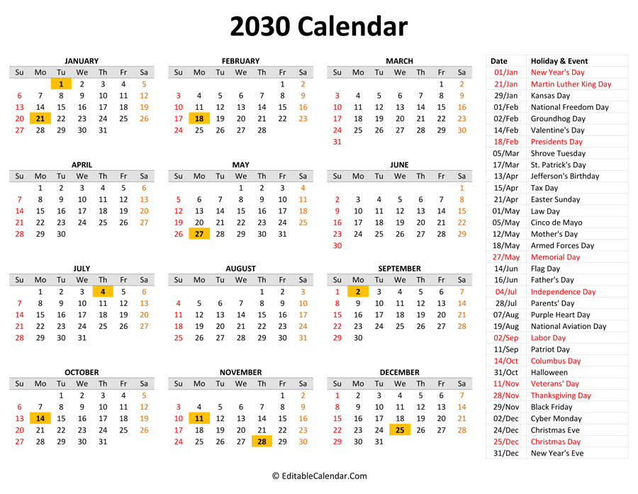 2030 printable calendar holidays