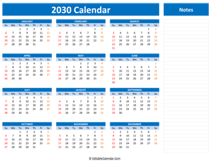 2030 yearly calendar notes blue style