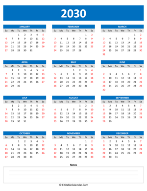2030 yearly calendar notes portrait blue style