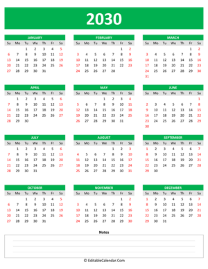 2030 yearly calendar notes portrait green style