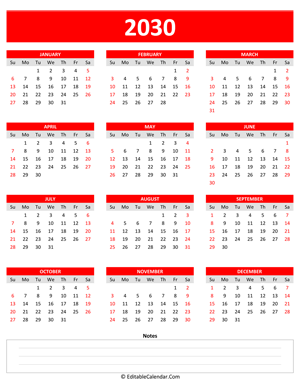 2030 yearly calendar notes portrait red style