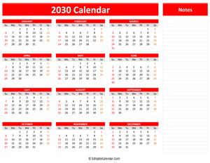 2030 yearly calendar notes red style