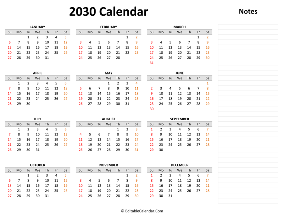 2030 yearly calendar notes