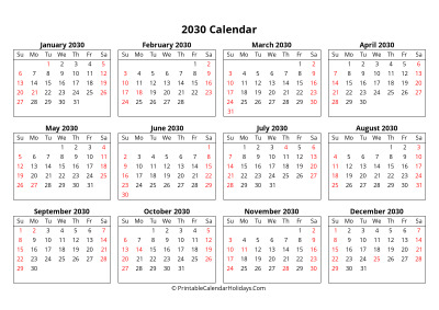 2030 yearly calendar week starts sunday