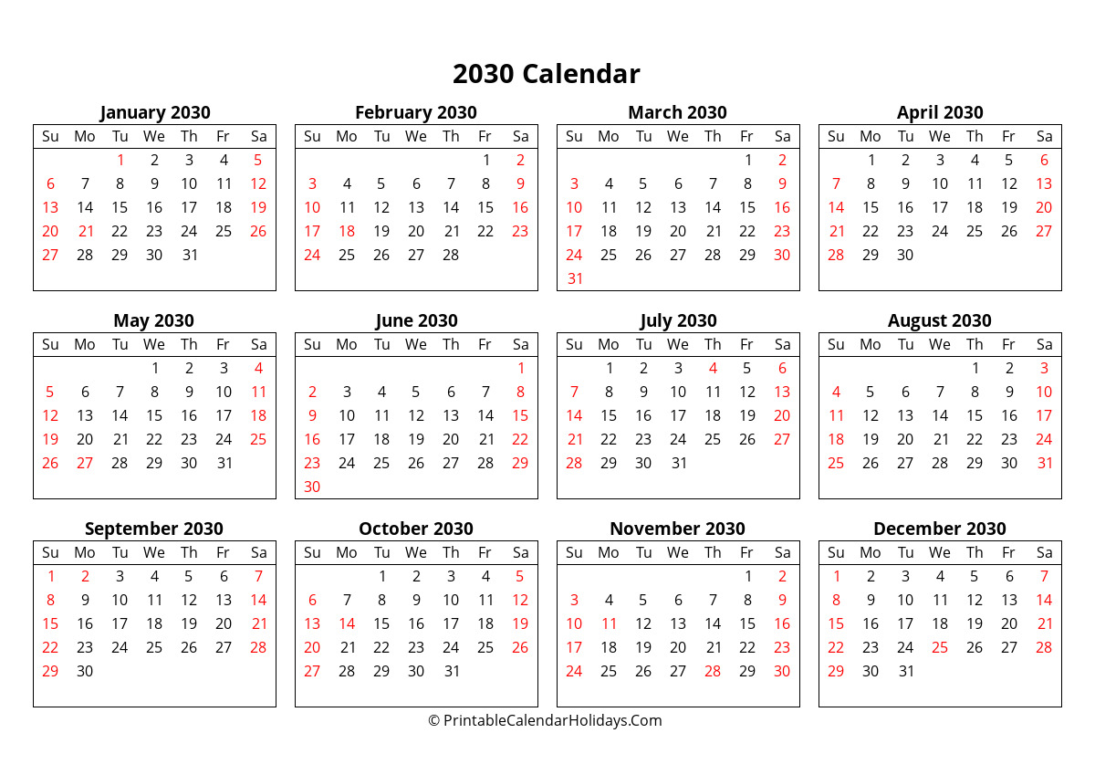 2030 yearly calendar week starts sunday
