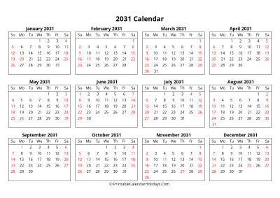 2031 yearly calendar week starts sunday