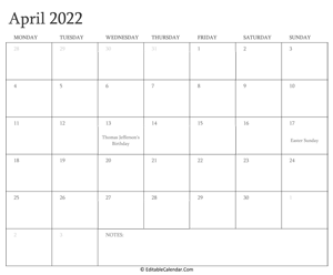 april 2022 editable calendar with holidays