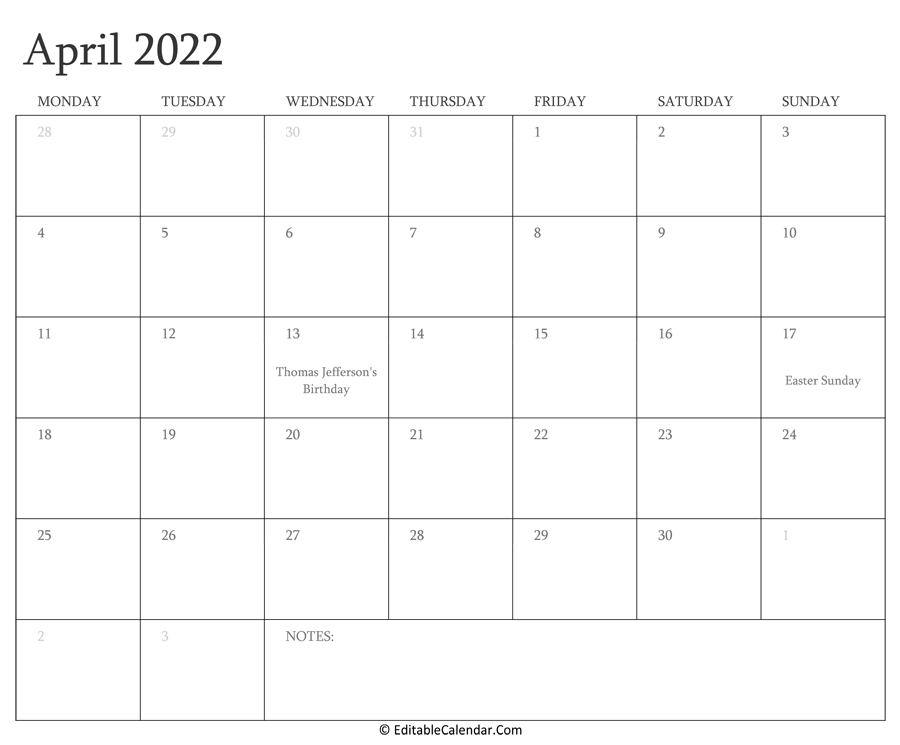 April 2022 Calendar Templates