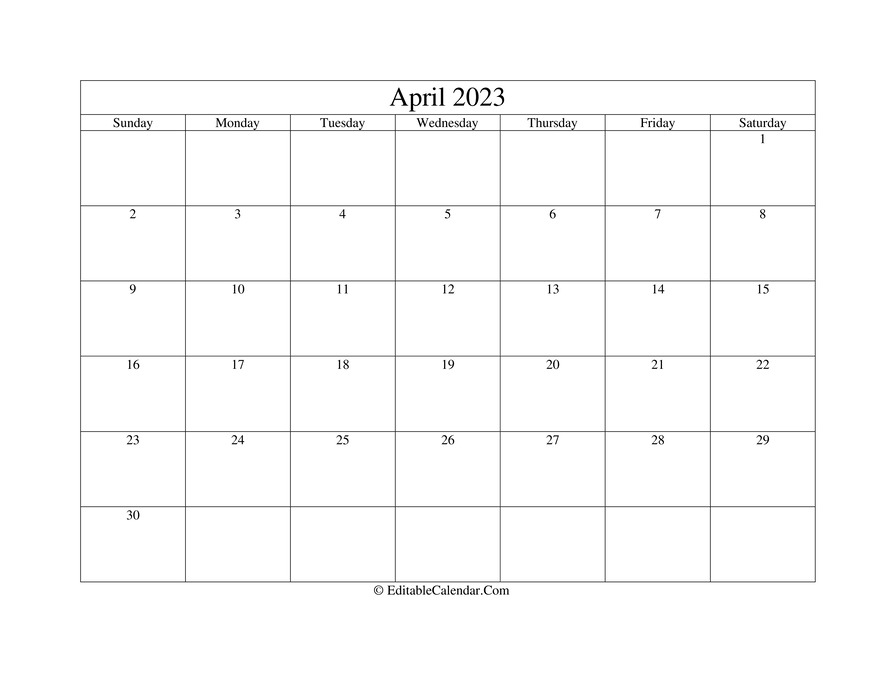 Editable Calendar April 2023