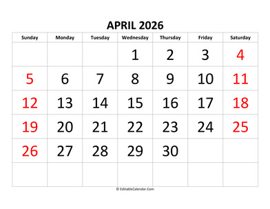 april 2026 calendar editable