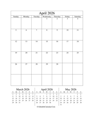 april 2026 editable calendar (portrait layout)