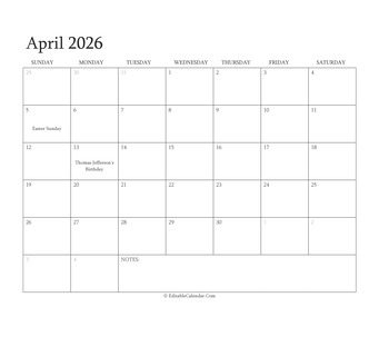 april 2026 editable calendar with holidays