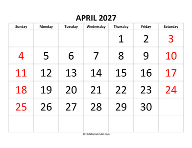 april 2027 calendar editable