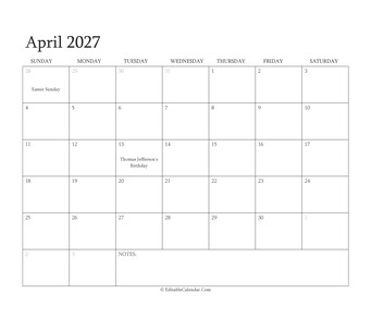 april 2027 editable calendar with holidays