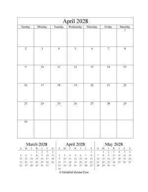 april 2028 editable calendar portrait