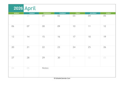 april calendar 2026 printable