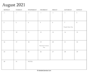 august 2021 editable calendar with holidays