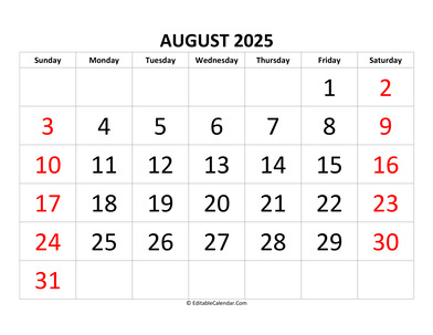 august 2025 calendar editable