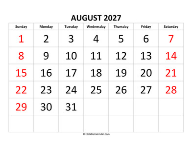 august 2027 calendar editable