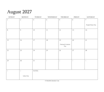 august 2027 editable calendar with holidays