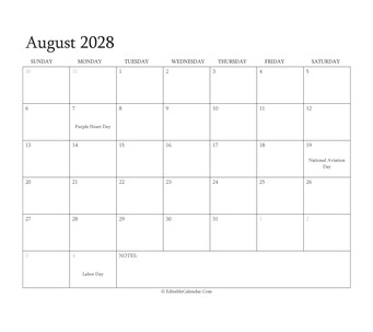 august 2028 editable calendar with holidays
