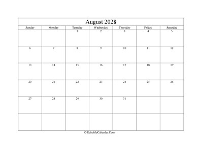 august 2028 printable calendar holidays