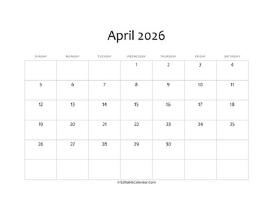 blank april calendar 2026