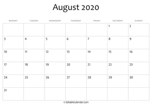 blank august calendar 2020