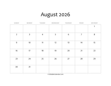 blank august calendar 2026