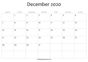 blank december calendar 2020