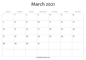blank march calendar 2021