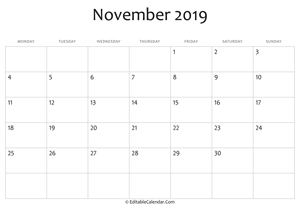 blank november calendar 2019