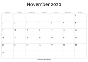 blank november calendar 2020