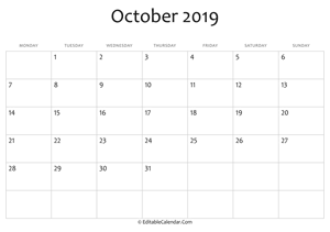 blank october calendar 2019