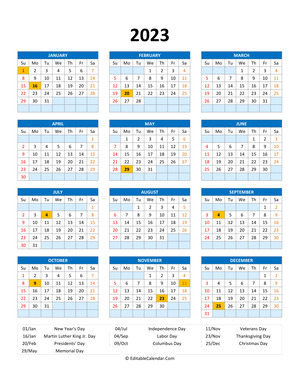 editable 2023 calendar with holidays blue style