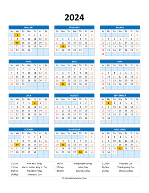 editable 2024 calendar with holidays blue style