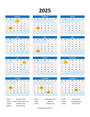 editable 2025 calendar with holidays blue style