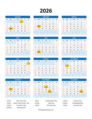 editable 2026 calendar with holidays blue style