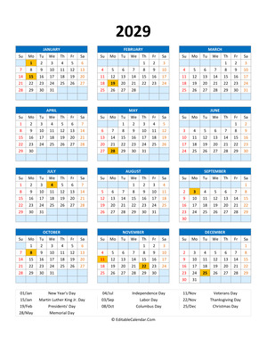 editable 2029 calendar with holidays blue style