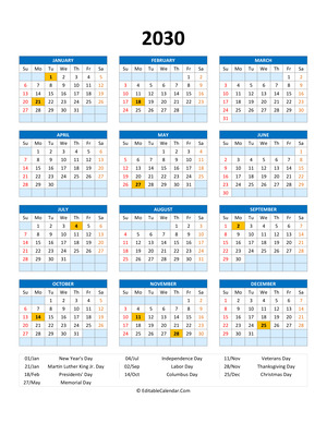 editable 2030 calendar with holidays blue style