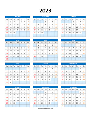 editable calendar template 2023 blue style