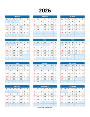 editable calendar template 2026 blue style
