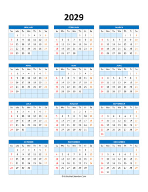 editable calendar template 2029 blue style