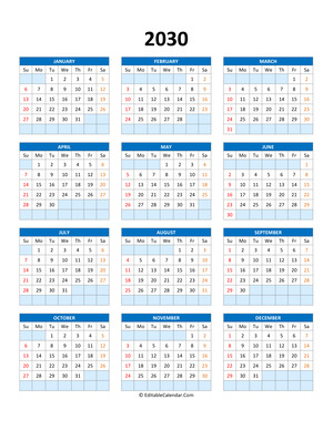 editable calendar template 2030 blue style