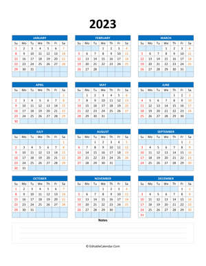 fillable calendar 2023 with notes blue style