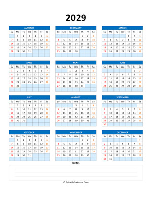 fillable calendar 2029 with notes blue style
