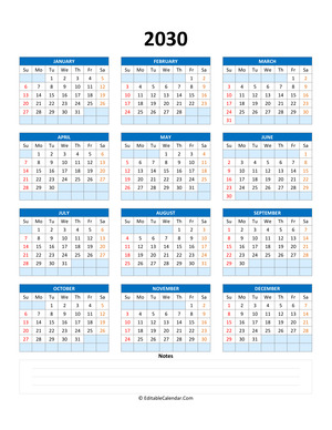 fillable calendar 2030 with notes blue style