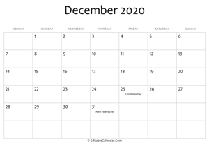 december 2020 printable calendar with holidays