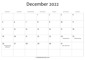 december 2022 printable calendar with holidays