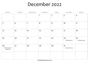 december 2022 printable calendar holidays